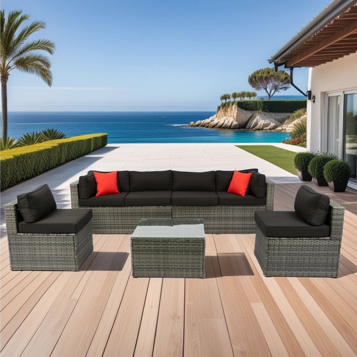 5 Pieces Rattan Sectional Outdoor Furniture Cushioned U Sof Set With 2 Pillow - Black / Gray