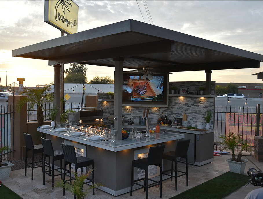 KoKoMo Bermuda Kitchen BBQ Island with Built-In TV, Fire Pit & Bar for Ultimate Outdoor Entertaining