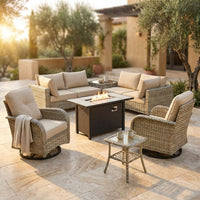 9 Pieces Patio Furniture Set All Weather Wicker Outdoor Conversation Set with 42" Fire Pit outside Furniture Patio Sofa with Swivel Chairs & Solar Table, Beige — Studio Shot
