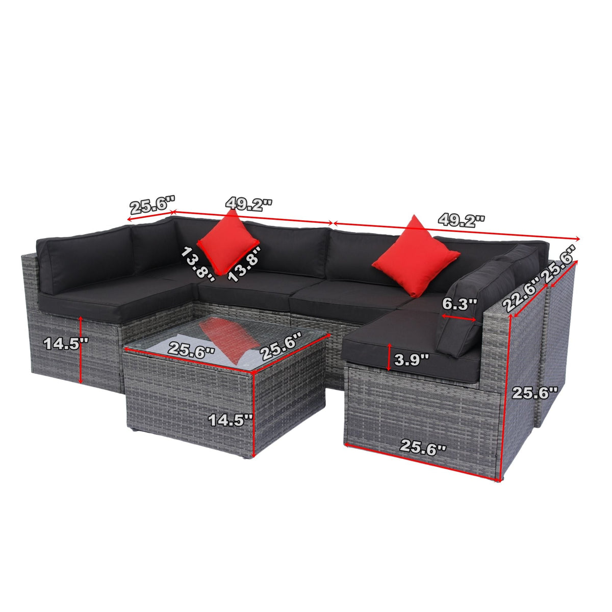 5 Pieces Rattan Sectional Outdoor Furniture Cushioned U Sof Set With 2 Pillow - Black / Gray