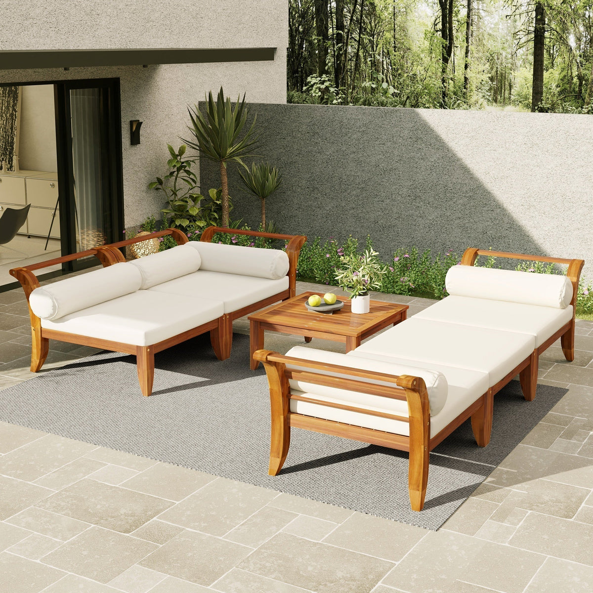 6 Piece Acacia Wood Outdoor Modular Sectional with Daybed - Teak Beige