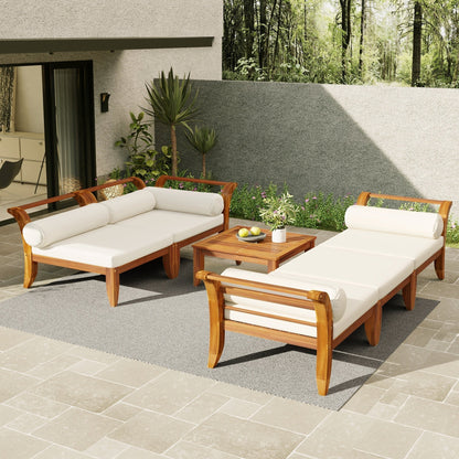 6 Piece Acacia Wood Outdoor Modular Sectional with Daybed - Teak Beige