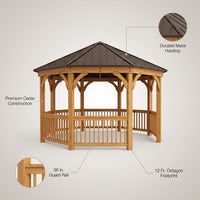 Outdoor Wood Gazebo Built for Year-Round Use, 12 Ft Octagon Design, Premium Cedar, Metal Hardtop Roof — infographic