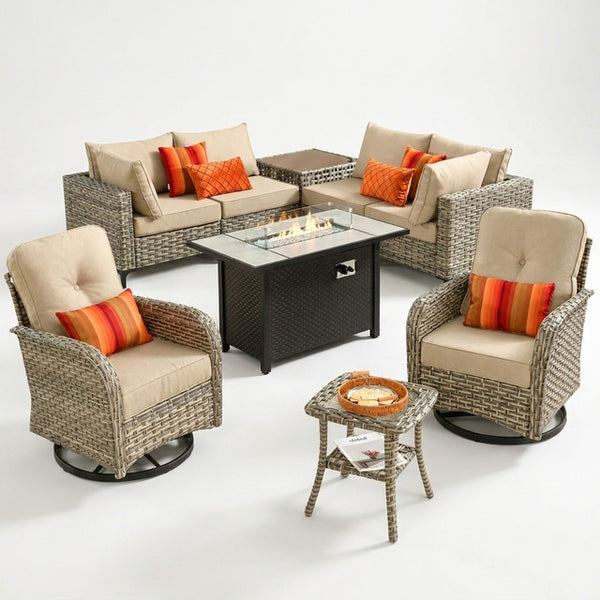 9 Pieces Patio Furniture Set All Weather Wicker Outdoor Conversation Set with 42" Fire Pit outside Furniture Patio Sofa with Swivel Chairs & Solar Table, Beige — Studio Shot