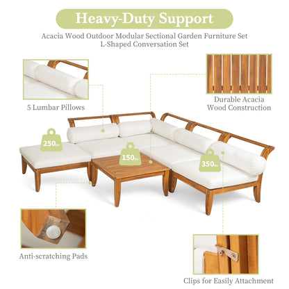 6 Piece Acacia Wood Outdoor Modular Sectional with Daybed - Teak Beige