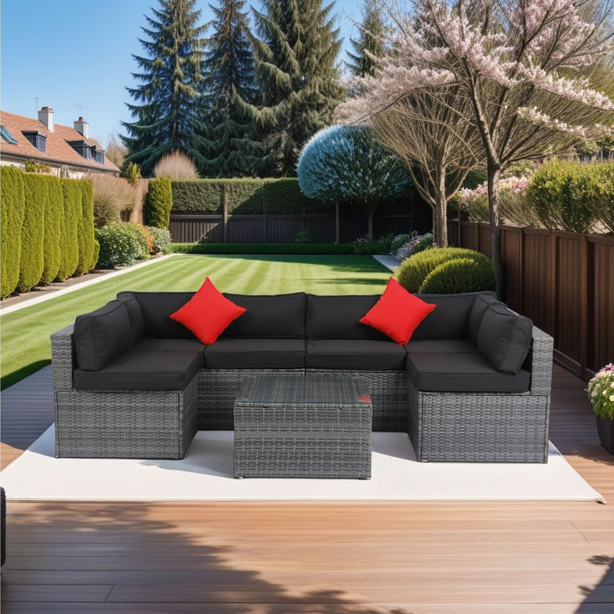 5 Pieces Rattan Sectional Outdoor Furniture Cushioned U Sof Set With 2 Pillow - Black / Gray