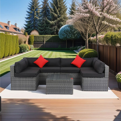 5 Pieces Rattan Sectional Outdoor Furniture Cushioned U Sof Set With 2 Pillow - Black / Gray