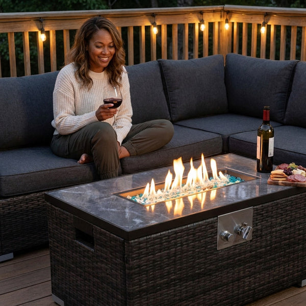 32" Round Rattan Propane Fire Table