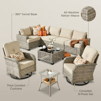 9 Pieces Patio Furniture Set outside Furniture Wicker Patio Conversation Set with Swivel Chairs, Outdoor Furniture for Garden, Beige — infographic