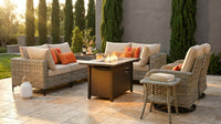 9 Pieces Patio Furniture Set All Weather Wicker Outdoor Conversation Set with 42" Fire Pit outside Furniture Patio Sofa with Swivel Chairs & Solar Table, Beige — Lifestyle