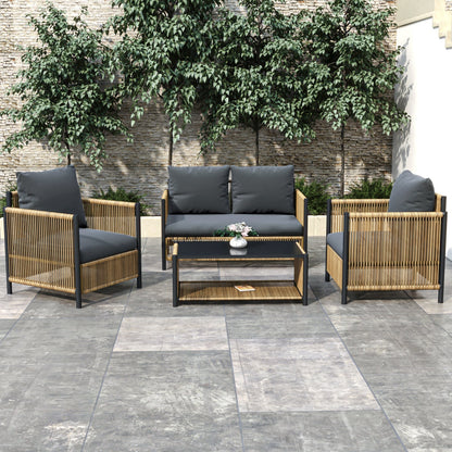 Patio 4-Piece Wicker Sofa Set with Grey Cushions - Brown