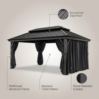 12×20 Hardtop Gazebo with Metal Roof, Heavy Duty Galvanized Steel Gazebo with Reinforced Aluminum Frame, Flame-Resistant Curtain — infographic