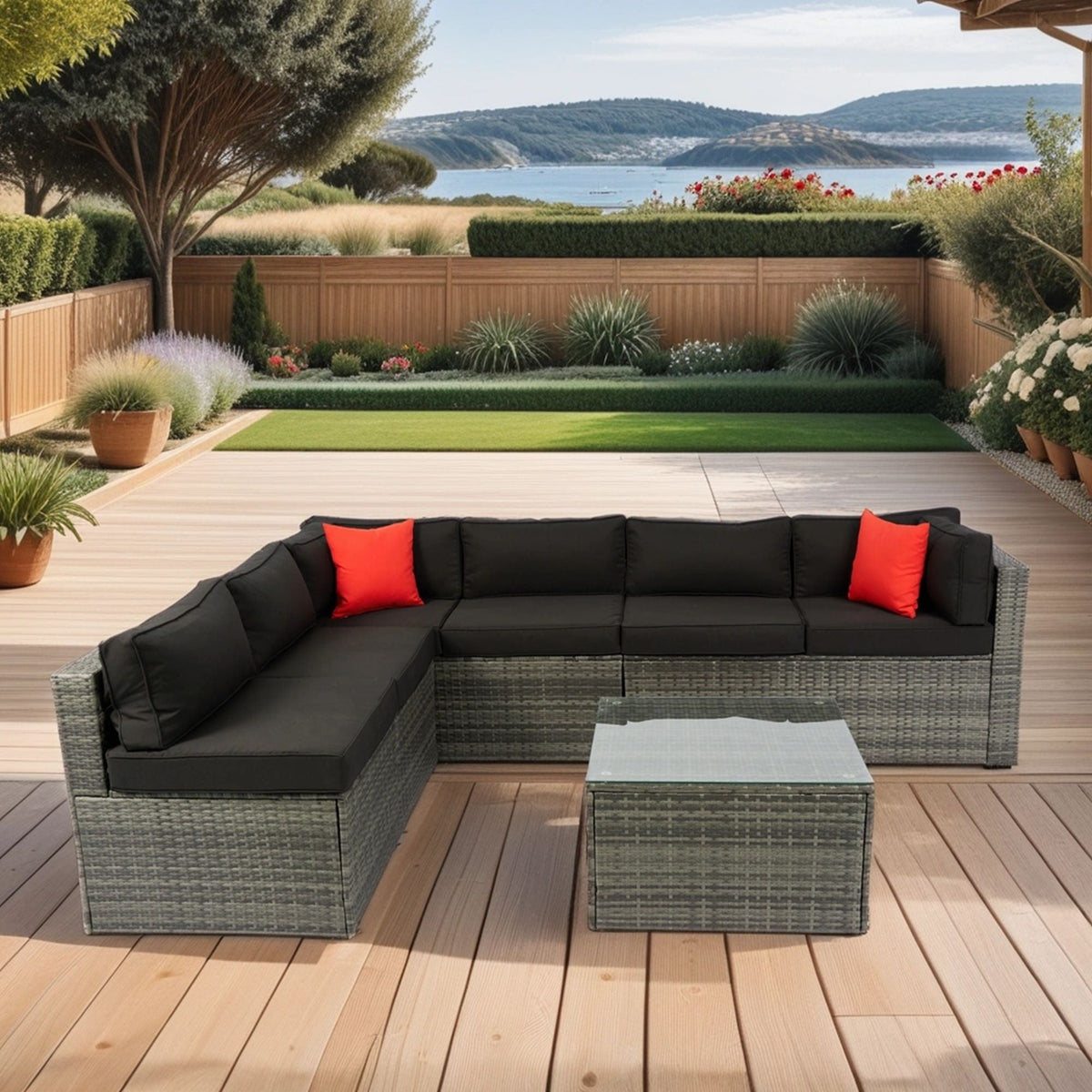 5 Pieces Rattan Sectional Outdoor Furniture Cushioned U Sof Set With 2 Pillow - Black / Gray
