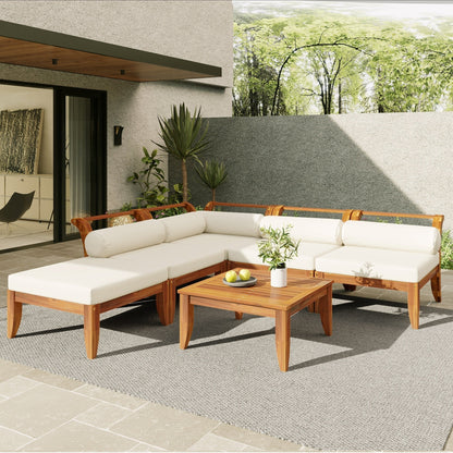 6 Piece Acacia Wood Outdoor Modular Sectional with Daybed - Teak Beige