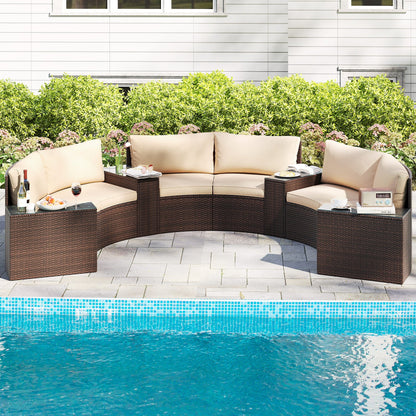 7 Pieces Patio Furniture Set PE Rattan Half-Moon Curved Sofas with Side Tables-Brown