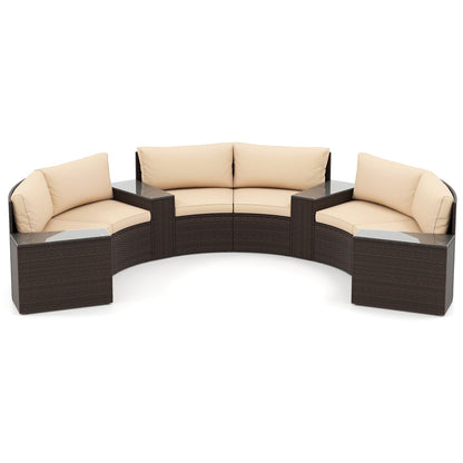 7 Pieces Patio Furniture Set PE Rattan Half-Moon Curved Sofas with Side Tables-Brown