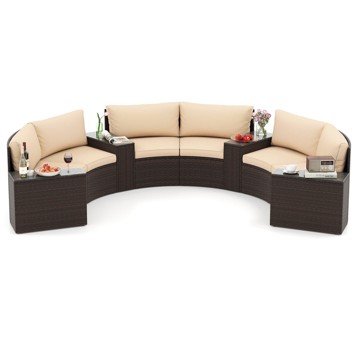 7 Pieces Patio Furniture Set PE Rattan Half-Moon Curved Sofas with Side Tables-Brown