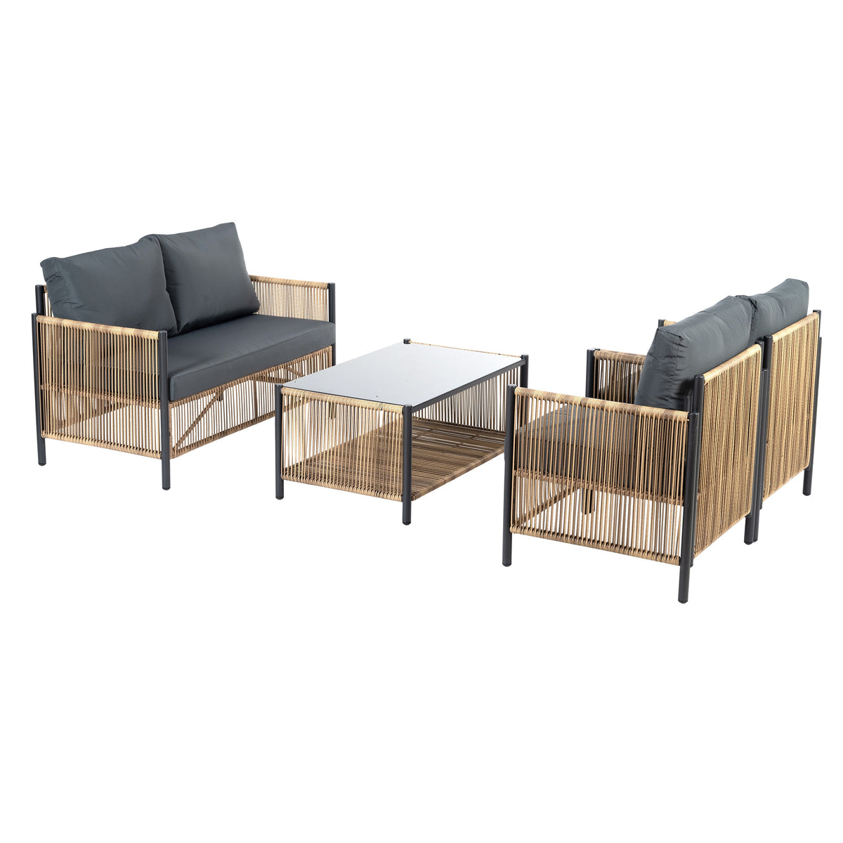Patio 4-Piece Wicker Sofa Set with Grey Cushions - Brown