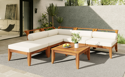 6 Piece Acacia Wood Outdoor Modular Sectional with Daybed - Teak Beige