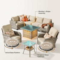 9 Pieces Patio Furniture Set outside Furniture Wicker Patio Conversation Set with Swivel Chairs, Outdoor Furniture for Garden, Beige — How It Works