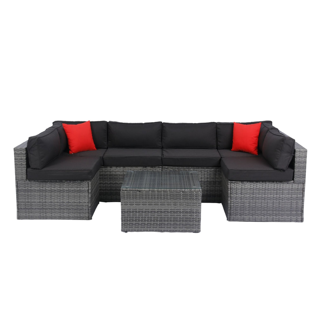 5 Pieces Rattan Sectional Outdoor Furniture Cushioned U Sof Set With 2 Pillow - Black / Gray