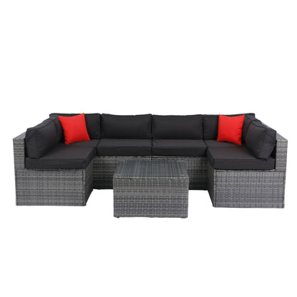 5 Pieces Rattan Sectional Outdoor Furniture Cushioned U Sof Set With 2 Pillow - Black / Gray