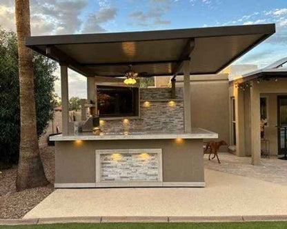 KoKoMo Bermuda Kitchen BBQ Island with Built-In TV, Fire Pit & Bar for Ultimate Outdoor Entertaining