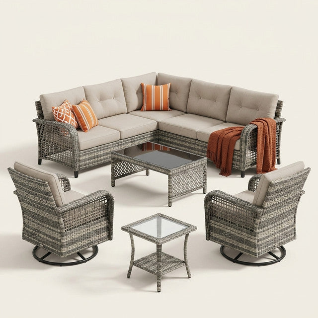 9 Pieces Patio Furniture Set outside Furniture Wicker Patio Conversation Set with Swivel Chairs, Outdoor Furniture for Garden, Beige — Studio Shot