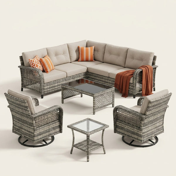 9 Pieces Patio Furniture Set outside Furniture Wicker Patio Conversation Set with Swivel Chairs, Outdoor Furniture for Garden, Beige — Studio Shot