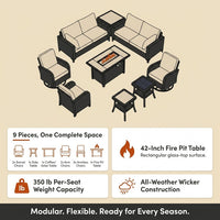 9 Pieces Patio Furniture Set All Weather Wicker Outdoor Conversation Set with 42" Fire Pit outside Furniture Patio Sofa with Swivel Chairs & Solar Table, Beige — Results & Stats