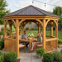 DIY Meridian 12 Ft. Octagon Enclosed Wood Outdoor Patio Gazebo with Brown Hardtop Metal Roof and 36 In. Guard Rail — Lifestyle