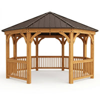 DIY Meridian 12 Ft. Octagon Enclosed Wood Outdoor Patio Gazebo with Brown Hardtop Metal Roof and 36 In. Guard Rail — Studio Shot