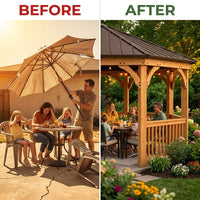 Outdoor Wood Gazebo Built for Year-Round Use, 12 Ft Octagon Design, Premium Cedar, Metal Hardtop Roof — Before & After