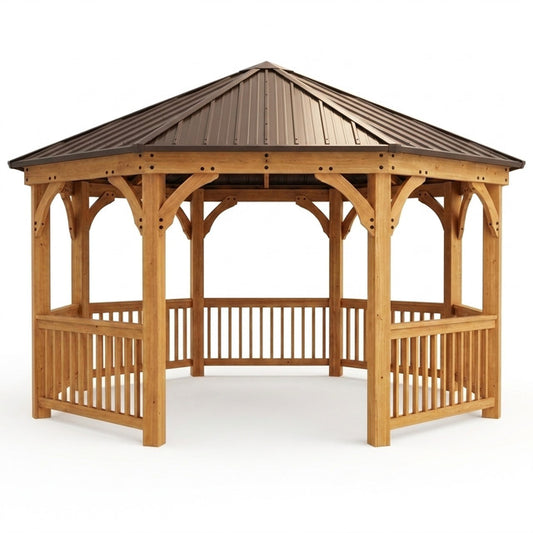 Outdoor Wood Gazebo Built for Year-Round Use, 12 Ft Octagon Design, Premium Cedar, Metal Hardtop Roof — Studio Shot