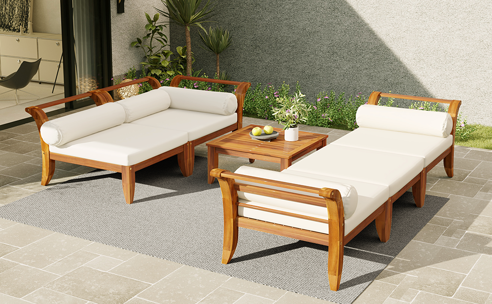 6 Piece Acacia Wood Outdoor Modular Sectional with Daybed - Teak Beige
