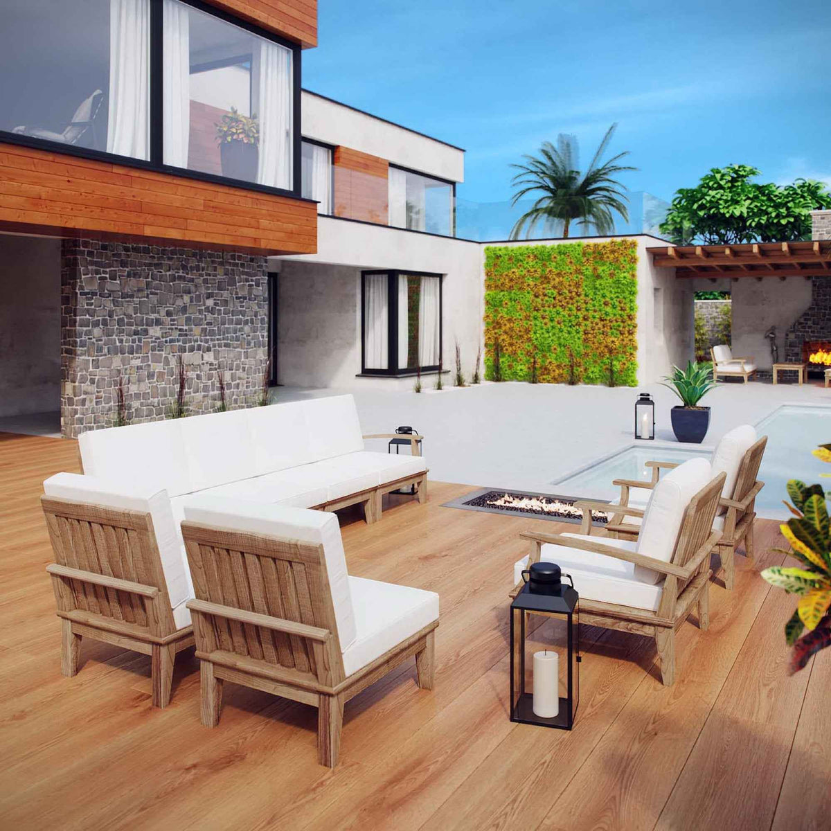 Patio Teak Sectional Set - Patio Elegance Marina 8-Piece Outdoor Teak Sectional Set by Modway