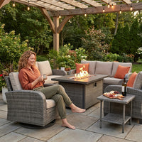 9 Pieces Patio Furniture Set All Weather Wicker Outdoor Conversation Set with 42" Fire Pit outside Furniture Patio Sofa with Swivel Chairs & Solar Table, Beige — Lifestyle