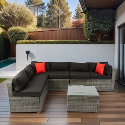 5 Pieces Rattan Sectional Outdoor Furniture Cushioned U Sof Set With 2 Pillow - Black / Gray