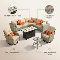 9 Pieces Patio Furniture Set All Weather Wicker Outdoor Conversation Set with 42" Fire Pit outside Furniture Patio Sofa with Swivel Chairs & Solar Table, Beige — infographic