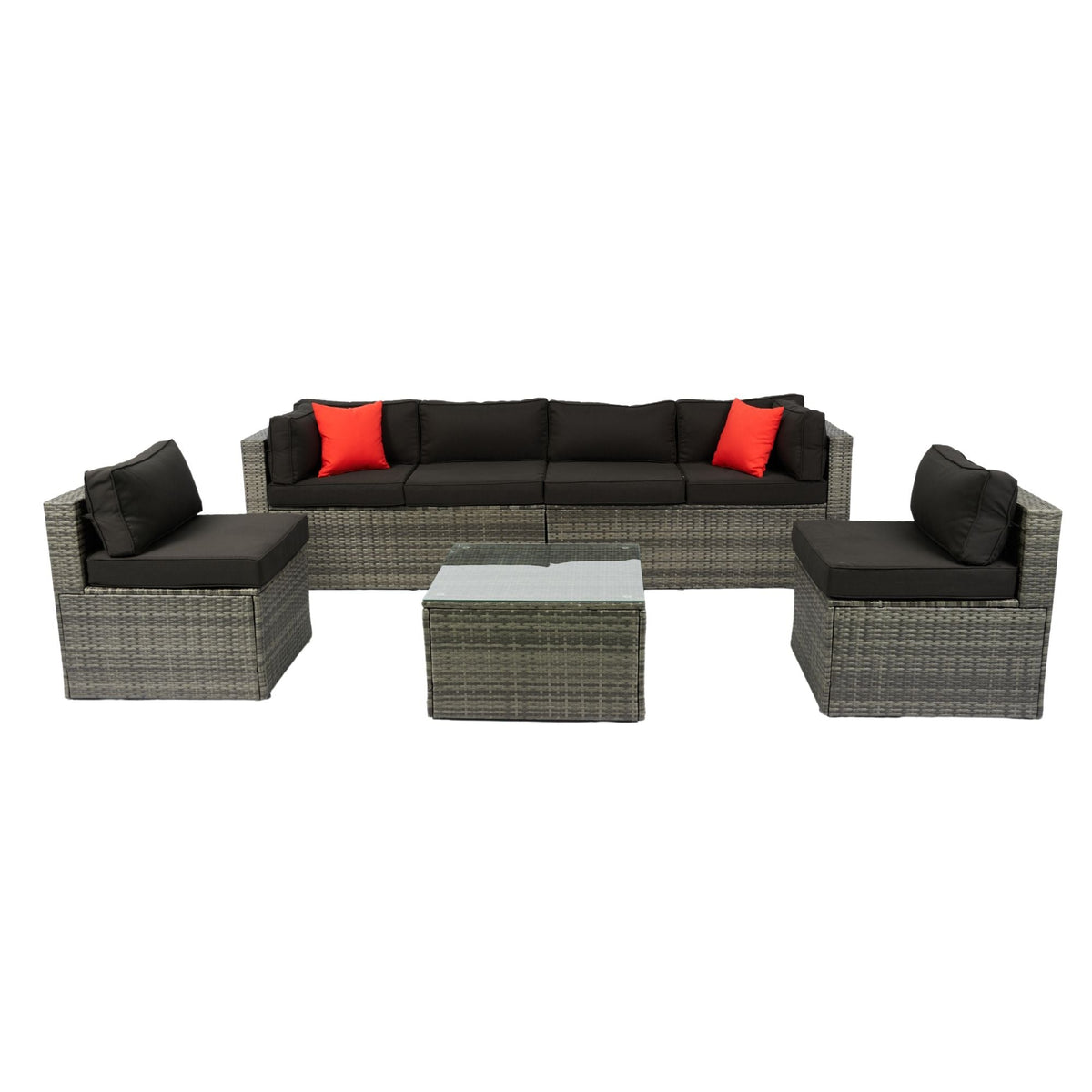 5 Pieces Rattan Sectional Outdoor Furniture Cushioned U Sof Set With 2 Pillow - Black / Gray
