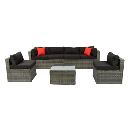 5 Pieces Rattan Sectional Outdoor Furniture Cushioned U Sof Set With 2 Pillow - Black / Gray