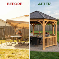 DIY Meridian 12 Ft. Octagon Enclosed Wood Outdoor Patio Gazebo with Brown Hardtop Metal Roof and 36 In. Guard Rail — Before & After
