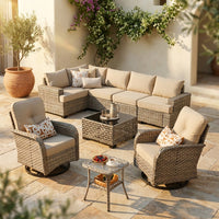 9 Pieces Patio Furniture Set outside Furniture Wicker Patio Conversation Set with Swivel Chairs, Outdoor Furniture for Garden, Beige — Studio Shot