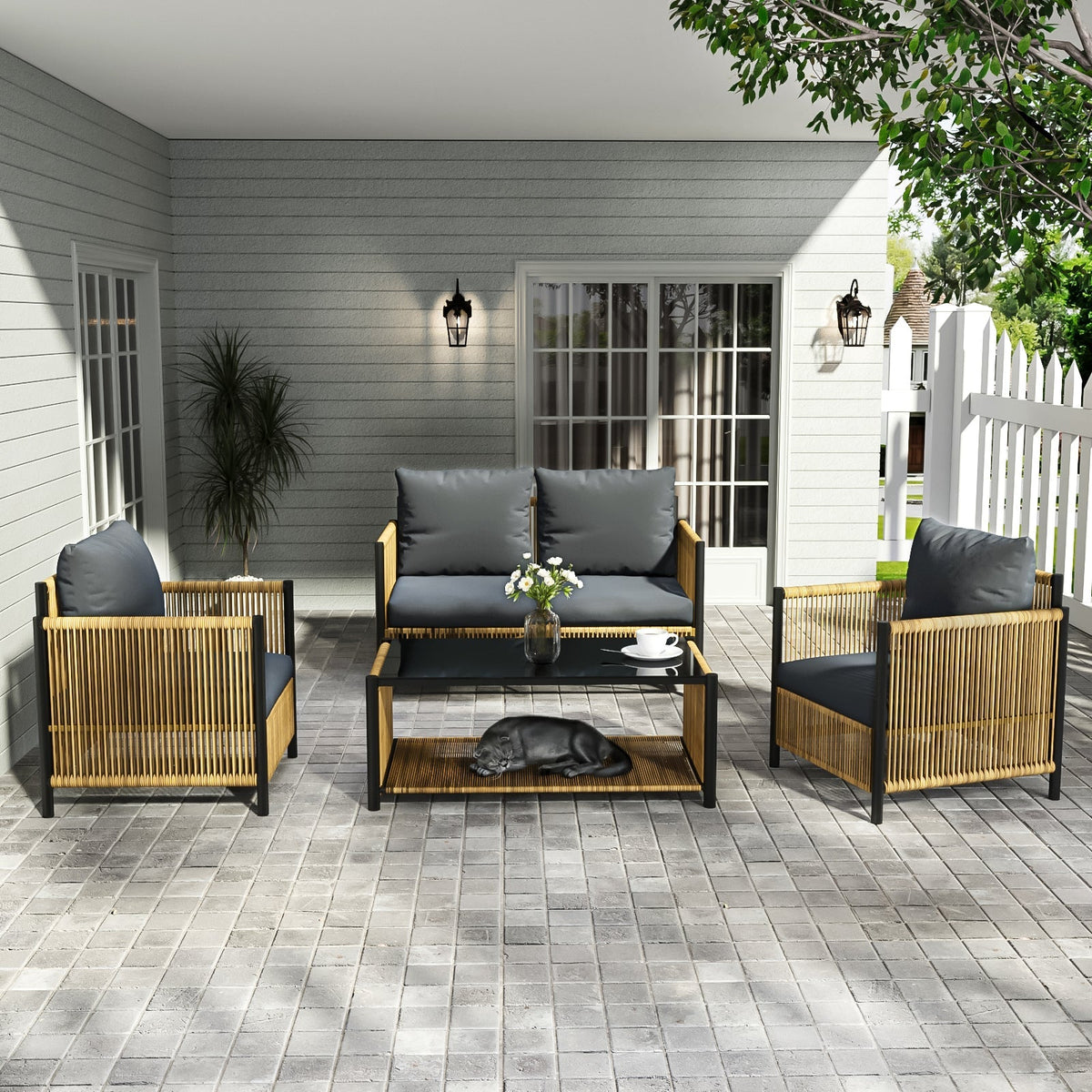 Patio 4-Piece Wicker Sofa Set with Grey Cushions - Brown