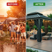 12×20 Hardtop Gazebo with Metal Roof, Heavy Duty Galvanized Steel Gazebo with Reinforced Aluminum Frame, Flame-Resistant Curtain — Before & After