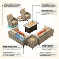 9 Pieces Patio Furniture Set All Weather Wicker Outdoor Conversation Set with 42" Fire Pit outside Furniture Patio Sofa with Swivel Chairs & Solar Table, Beige — How It Works